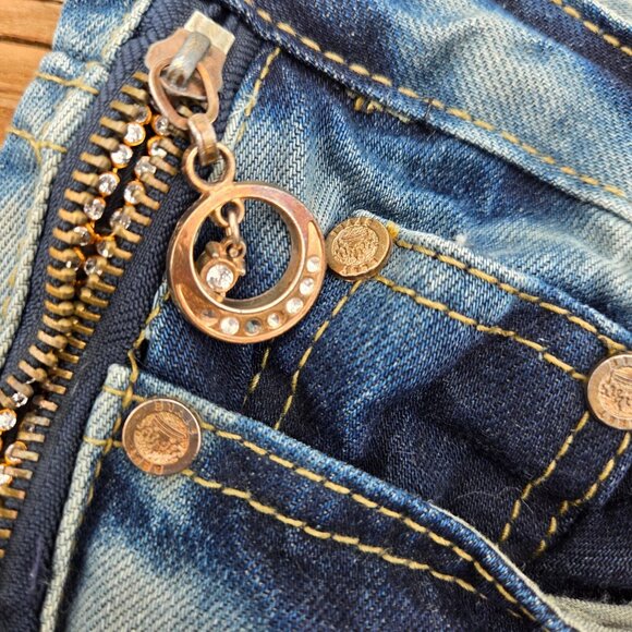 Y2K Baggy Long denim Shorts Womens Size S Rhinestone Sequin Distressed Grunge - Picture 4 of 7